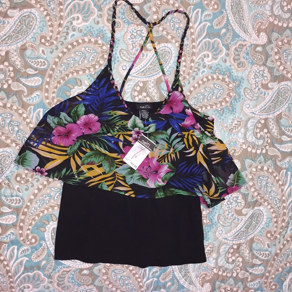 black tropical print tank